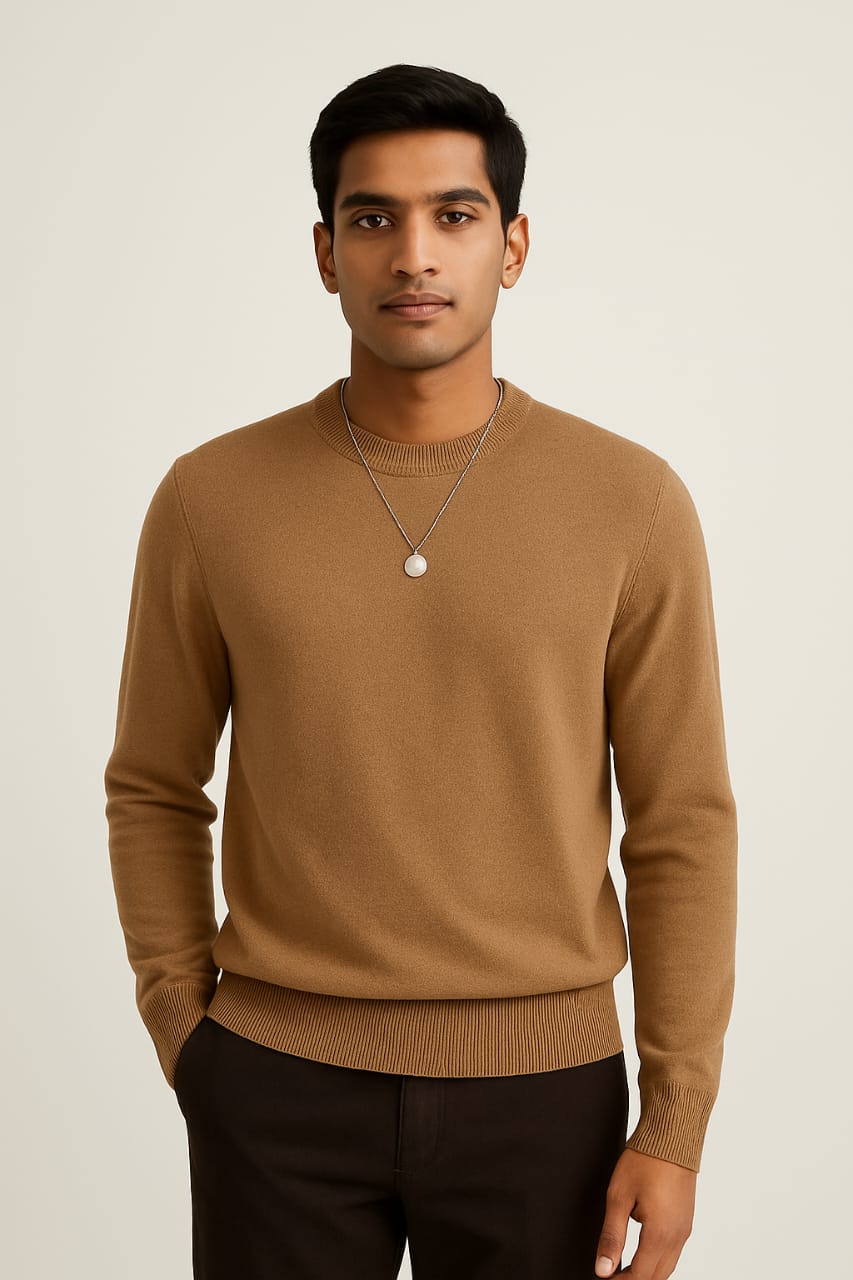 Classic Crewneck Knit Sweater – Camel Brown