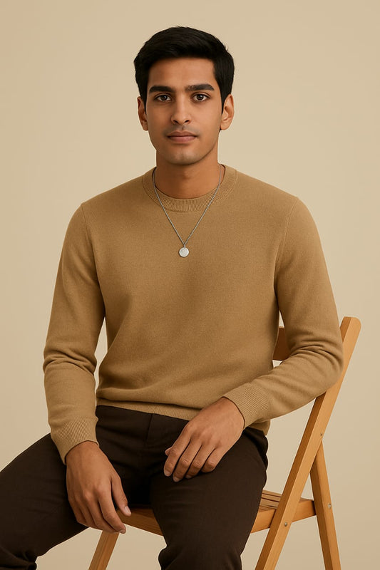Classic Crewneck Knit Sweater โ Camel Brown