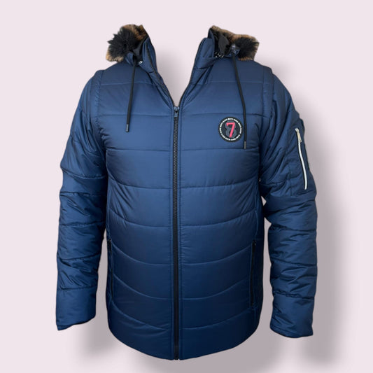 Menโs Winter Puffer Jacket with Faux Fur Hood โ Navy Blue