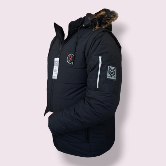 Menโs Winter Puffer Jacket with Faux Fur Hood โ Black