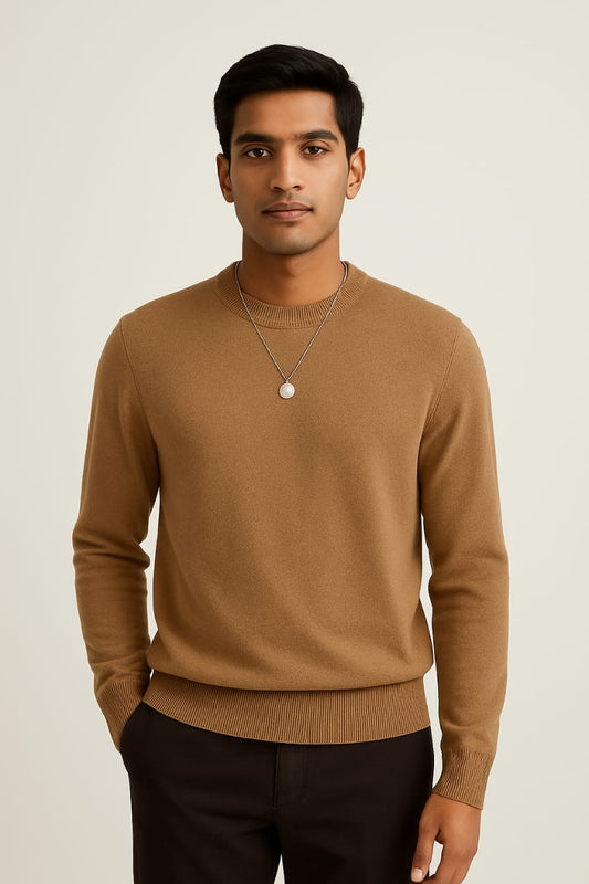 Classic Crewneck Knit Sweater – Camel Brown