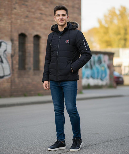 Men’s Winter Puffer Jacket with Faux Fur Hood – Black
