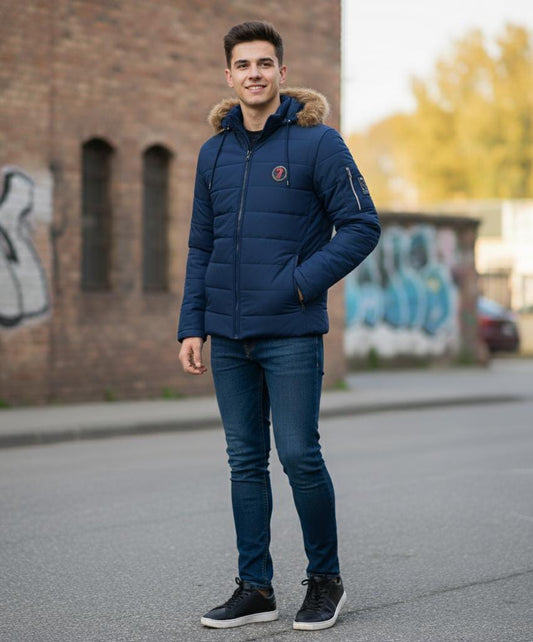 Men’s Winter Puffer Jacket with Faux Fur Hood – Navy Blue